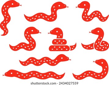 Silhouette illustration set of red snakes in various poses