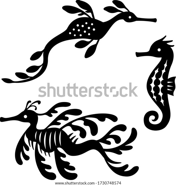 Silhouette\
illustration set of seahorse and sea\
dragons