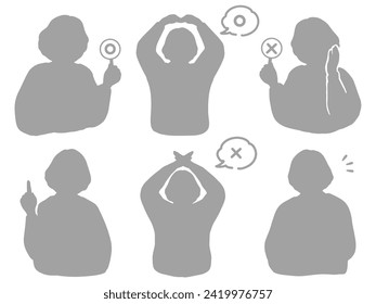 Silhouette illustration set of senior and mature women judging a round batu, gray.　	