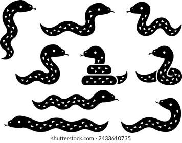 Silhouette illustration set of snakes in various poses (crawling, coiling)