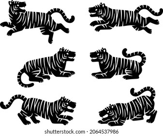 Silhouette illustration set of tigers in various poses (running, lying down, menacing)