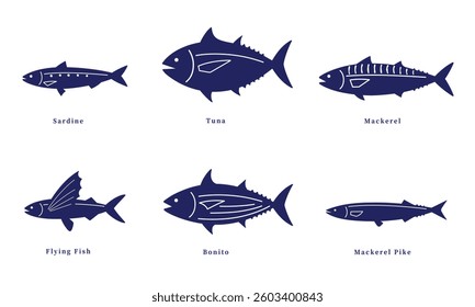 Silhouette illustration set of various edible fish