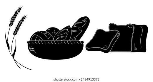 Silhouette illustration set of wheat and bread, bread in a basket, bread