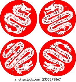 Silhouette illustration set of white dragons undulating in red circles