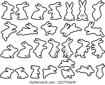 Silhouette illustration set of white rabbits with black outlines in various poses