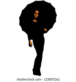 Silhouette illustration of a shapely woman standing sheltering under an open umbrella isolated on white