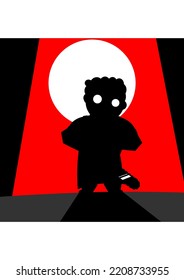 Silhouette Illustration Of A Short And Stocky Person Holding A Chainsaw. Cartoon Man Standing In A Dark Alley Behind The White Moon And A Red Sky. Chibi Serial Killer Consept Vector.