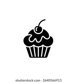 Silhouette illustration showcasing a cupcake adorned with a cherry, set against a clean white background. Perfect for menus, design, or culinary themes.