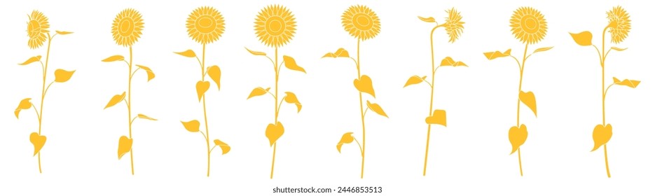 Silhouette illustration of a single sunflower, variation set, icon