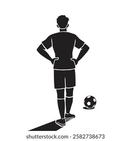 silhouette illustration of soccer player stand pose with ball back view