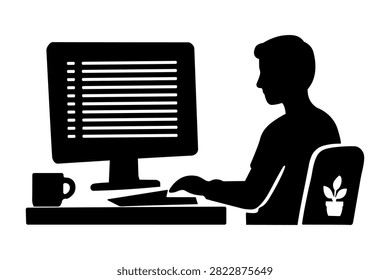 Silhouette illustration of a software developer coding at a desktop computer in a modern office workspace with coffee mug and potted plant.
