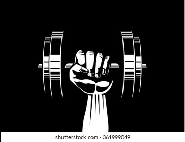 Silhouette illustration of strong hand lifting up steel dumbbell on black background