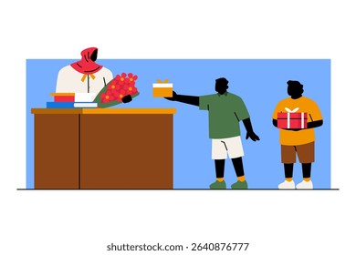 Silhouette illustration of students presenting gifts to a teacher, representing appreciation and celebration