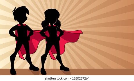 Silhouette illustration of super children wearing capes against ray light background for copy space.