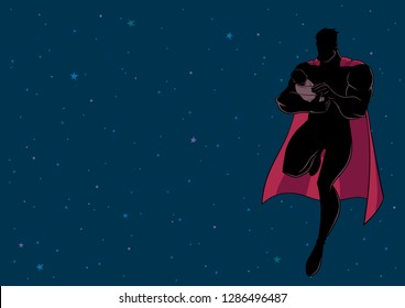 Silhouette illustration of superhero dad flying in outer space and holding his cute newborn baby in his arms.