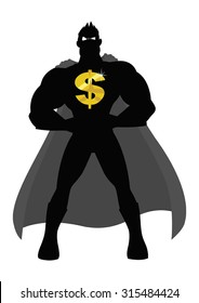 Silhouette illustration of a superhero with golden dollar symbol