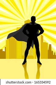 Silhouette illustration of a superhero standing in front of cityscape