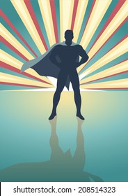 Silhouette illustration of a superhero standing in front of colorful light burst