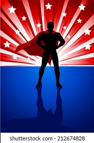 Silhouette illustration of a superhero standing in front of light burst 