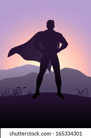 Silhouette illustration of a superhero standing with mountain view as the background