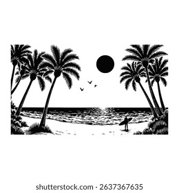Silhouette illustration of a surfer on a beach with palm trees and ocean waves at sunset