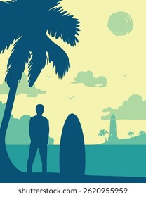 a silhouette illustration of a surfer standing on a beach with blue and green fresh color nuances
