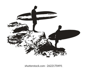 Silhouette illustration of surfers standing on rocks in front of the sea.