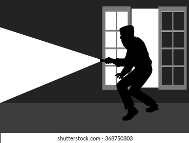 Silhouette illustration of a thief break into the house through window