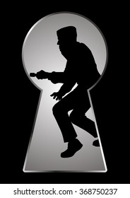 Silhouette illustration of a thief seen through a keyhole