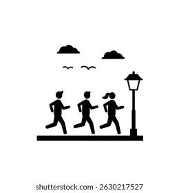 Silhouette illustration of three runners exercising outdoors in the park near a street lamp