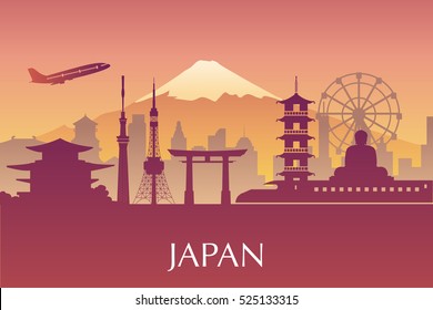 Silhouette illustration of Tokyo city in Japan.Japan landmarks Famous buildings.