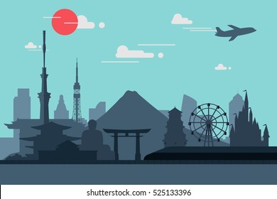 Silhouette illustration of Tokyo city in Japan.Japan landmarks Famous buildings.