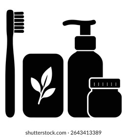 Silhouette illustration of a toothbrush, soap dispenser, jar, and soap box. The distinctive feature is its minimalist black silhouette style, perfect for dental or hygiene related projects.