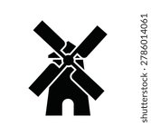 Silhouette illustration of a traditional windmill with four blades and a small entrance, set against a white background, evoking a sense of rustic charm and simplicity.