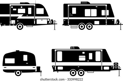 Silhouette illustration of travel trailer caravans on a white background.