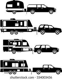 Silhouette Illustration Of Travel Trailer Caravans On A White Background.