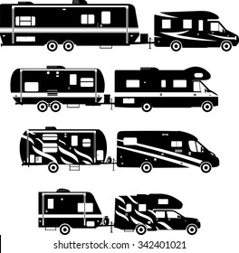 Silhouette illustration of travel trailer caravans on a white background.