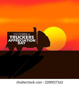 Silhouette-Illustration eines LKW mit fett gedrucktem Text und schöner Sonne am SonnenunterSonnenuntergang Himmel, Nationaler LKWers-Wertungstag am 4. Oktober