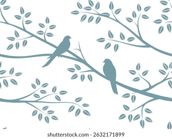 Silhouette illustration of two birds perched on tree branches with leaves. Minimal nature pattern in soft blue on white background. Ideal for wallpaper, fabric, or decorative prints.