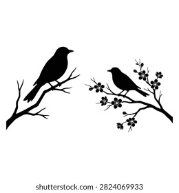 Silhouette illustration of two birds perched facing each other on cherry blossom branches. Romantic spring nature vector graphic in black and white.
