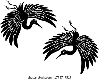 Silhouette Illustration Two Cranes Flying Down Stock Vector (Royalty ...