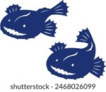 Silhouette illustration of two dark blue angler fish