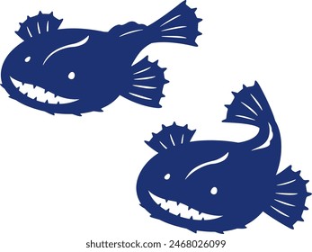 Silhouette illustration of two dark blue angler fish