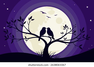 Silhouette illustration of two loving birds perched on a tree branch, ideal for romantic themes, nature designs, or Valentine's Day graphics.