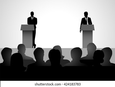 Silhouette illustration of two men figure debating on podium