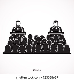 Silhouette illustration of two men figure debating on podium