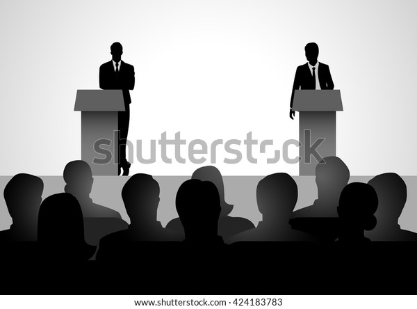 2人の男性が演台で討論する姿のシルエットイラスト のベクター画像素材 ロイヤリティフリー