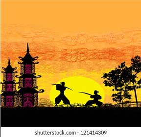  Silhouette illustration of two ninjas in duel