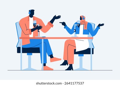 Silhouette illustration of two podcast hosts having a lively conversation while recording in a studio