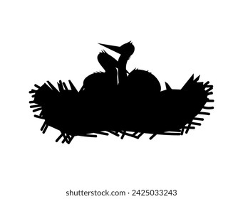 Silhouette illustration of two storks in nest vector depicts simplicity of family and parenthood. Black and white design symbolizes birth and nurturing in isolated background.